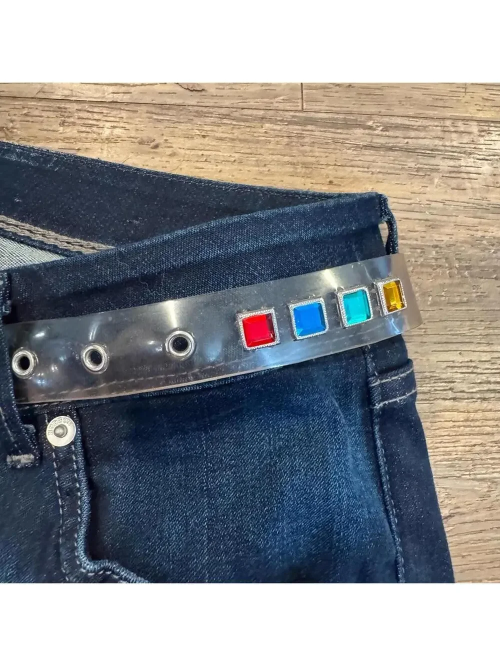 Vtg Clear Plastic Belt Multicolor Rhinestone Gem Accents & Silver Buckle 36”